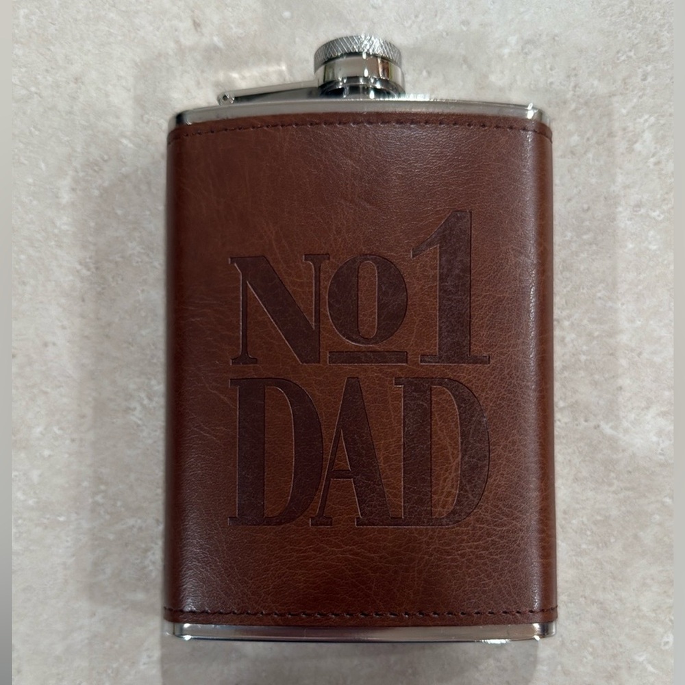 NWT Stainless Steel Brown Faux Leather Flask w/ No. 1 DAD Engraving on Front #1